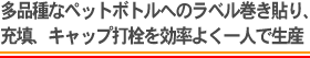 多品種なペットボトルへのラベル巻き貼り、充填、キャップ打栓を効率よく一人で生産